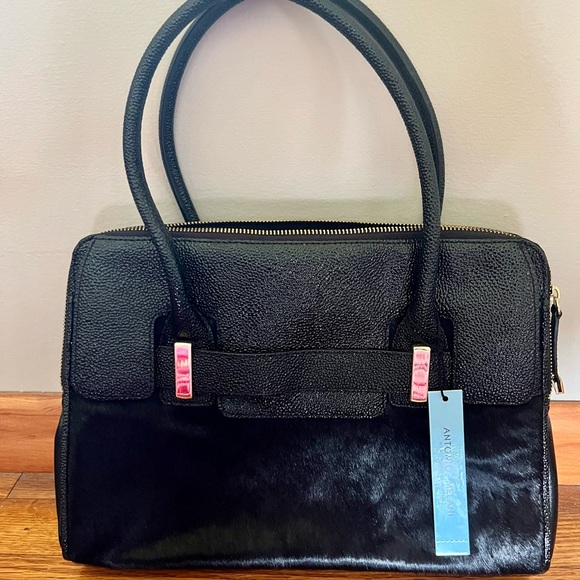 Antonio Melani NEW Abby Satchel Haircalf & Leather Black MSRP $249 - Picture 1 of 3